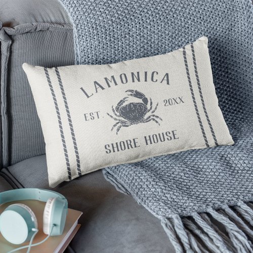 Ivory  Slate Blue Family Name Shore House Crab Lumbar Pillow