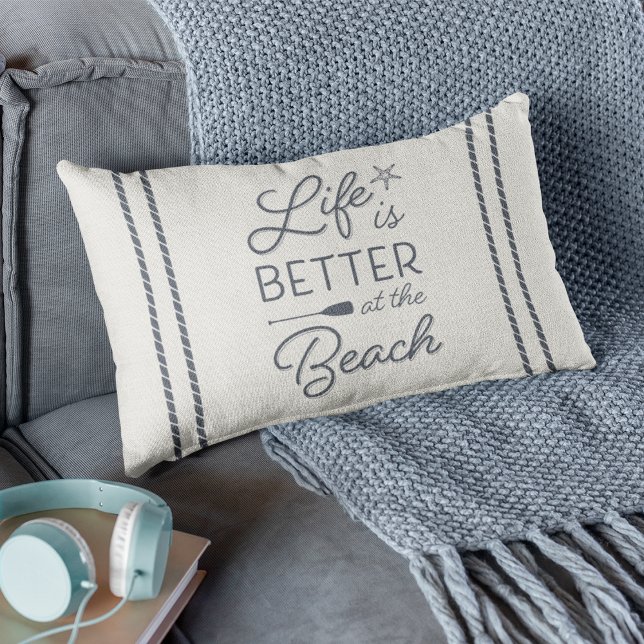 Ivory & Slate Blue Life Is Better At The Beach Lumbar Pillow (Creator Uploaded)