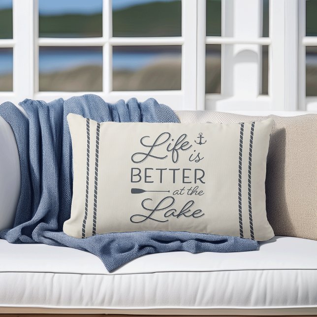 Ivory & Slate Blue Life Is Better At The Lake Lumbar Pillow (Creator Uploaded)
