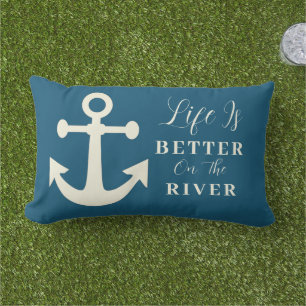 Ivory & Slate Blue Life Is Better On The River Lumbar Pillow