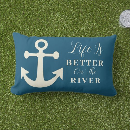 Ivory  Slate Blue Life Is Better On The River Lumbar Pillow