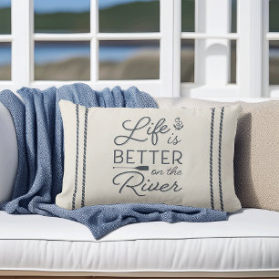 Ivory & Slate Blue Life Is Better On The River Lumbar Pillow