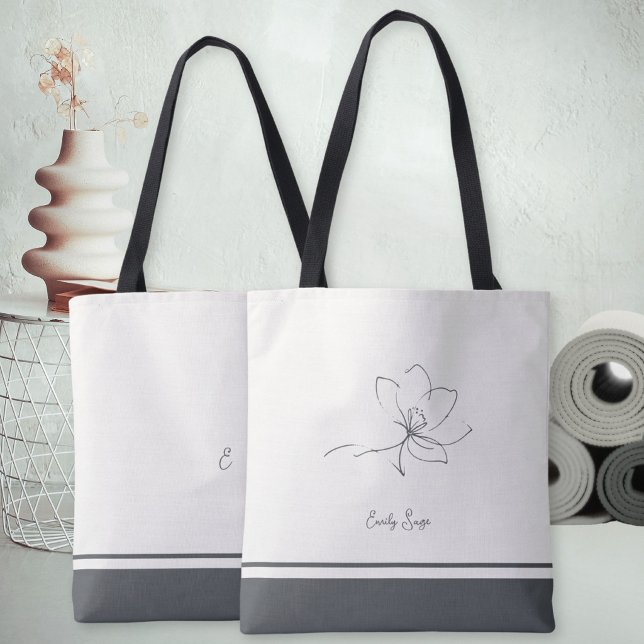 Ivory Slate Gray Floral Line Art Minimalist Zen Tote Bag (Minimalist Floral Line Art Zen Ivory Slate Gray Tote Bag ©Susanne Sachers - Sunny Wanderlust 🌞✈️)