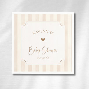 Ivory Soft Brown Stripes Gold Frame Baby Shower Napkins