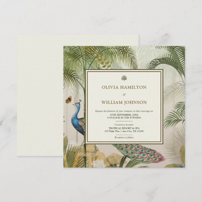 Ivory Square Tropical Peacock Palm Wedding Invitation (Front/Back)
