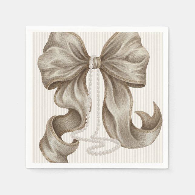 Ivory Striped Bow and Pearl Necklace Napkins (Front)