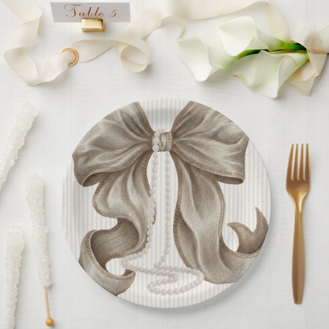 Ivory Striped Bow and Pearl Necklace Paper Plates (Wedding)