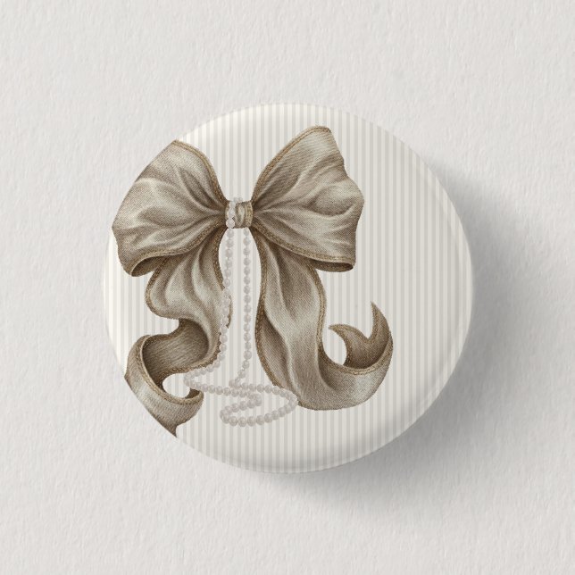 Ivory Striped Bow Baby Shower  Button (Front)