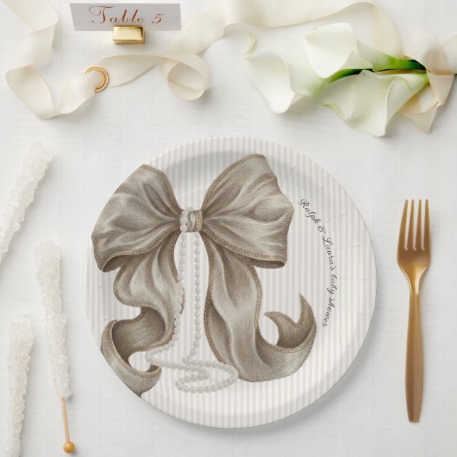 Ivory Striped Bow Baby Shower  Paper Plates (Wedding)