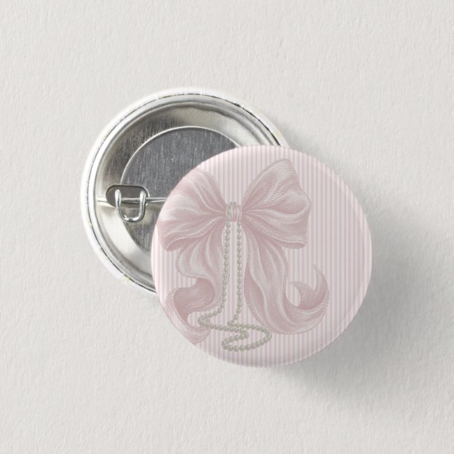Ivory Striped Pink Bow Baby Shower  Button (Front & Back)