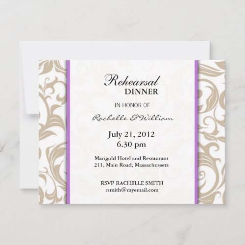 Ivory Swirl Rehearsal Dinner Card with Purple Personalized Invites