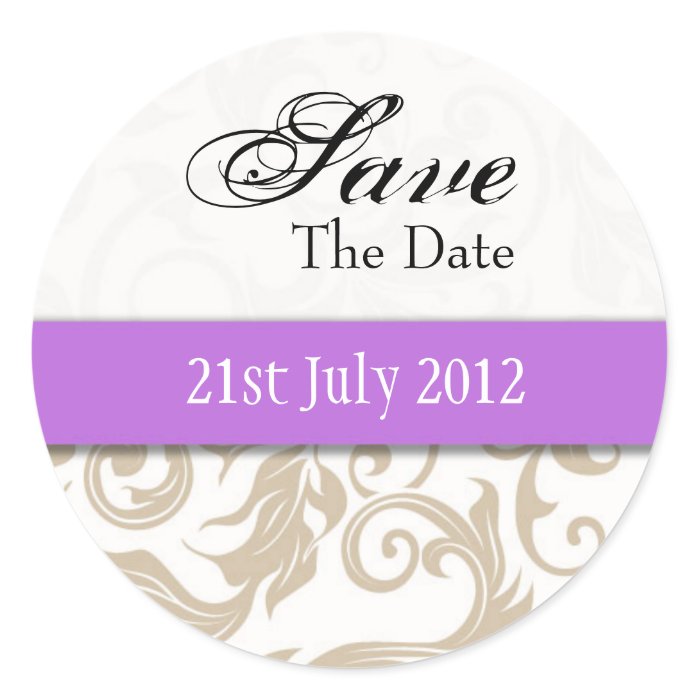 Ivory Swirl Save The Date Sticker with Purple