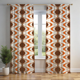 Ivory Tan Brown Burnt Orange Ogee Wave Pattern Sheer Curtains