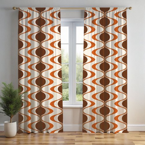 Ivory Tan Brown Burnt Orange Ogee Wave Pattern Sheer Curtains