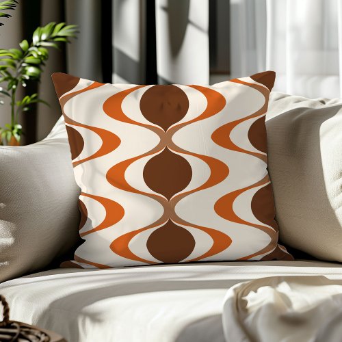 Ivory Tan Brown Burnt Orange Ogee Wave Pattern Throw Pillow