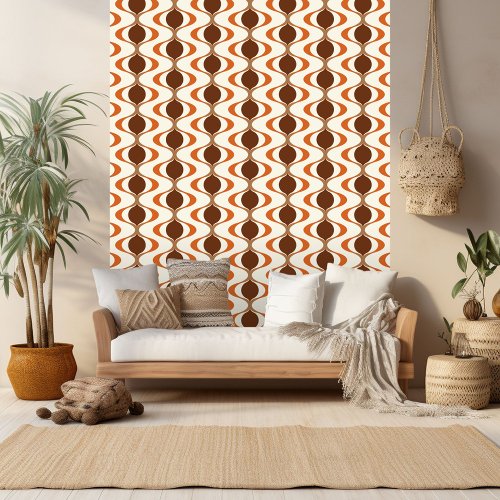 Ivory Tan Brown Burnt Orange Ogee Wave Pattern Wallpaper