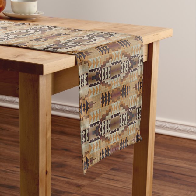 Ivory Taupe Beige Brown Rust Orange Tribal Art Short Table Runner (In Situ)