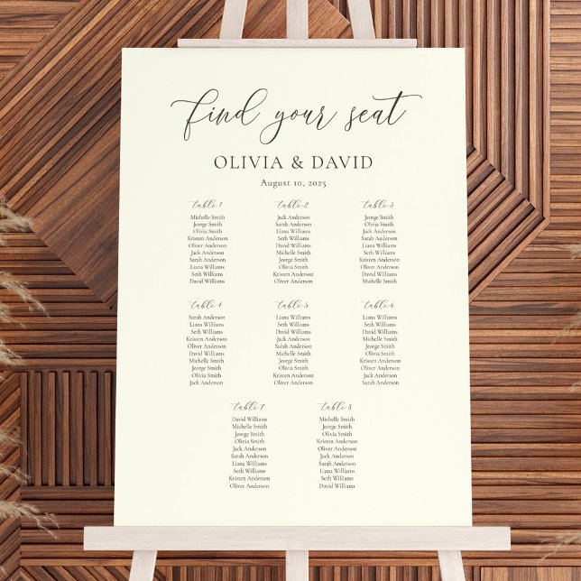 Ivory & Taupe Elegant Script 8 table Seating Chart Foam Board (Creator Uploaded)