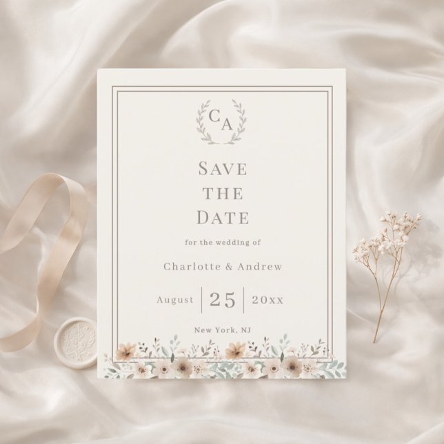 Ivory taupe monogram floral wedding Save the Date Flyer (Creator Uploaded)