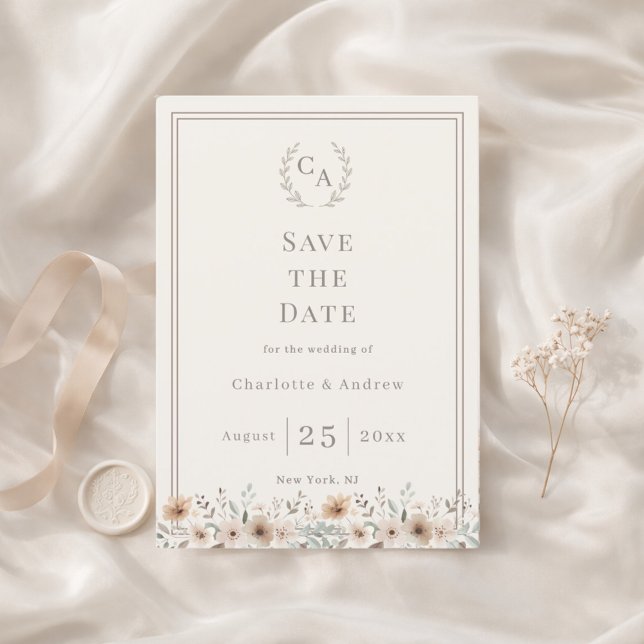 Ivory taupe monogram floral wreath wedding save the date (Creator Uploaded)