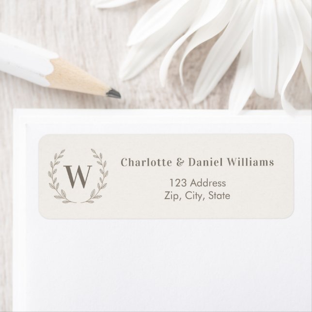 Ivory taupe monogram initial wreath return address label (Insitu)