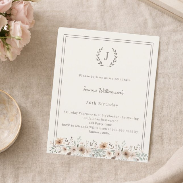 Ivory taupe monogram wreath birthday invitation (Creator Uploaded)
