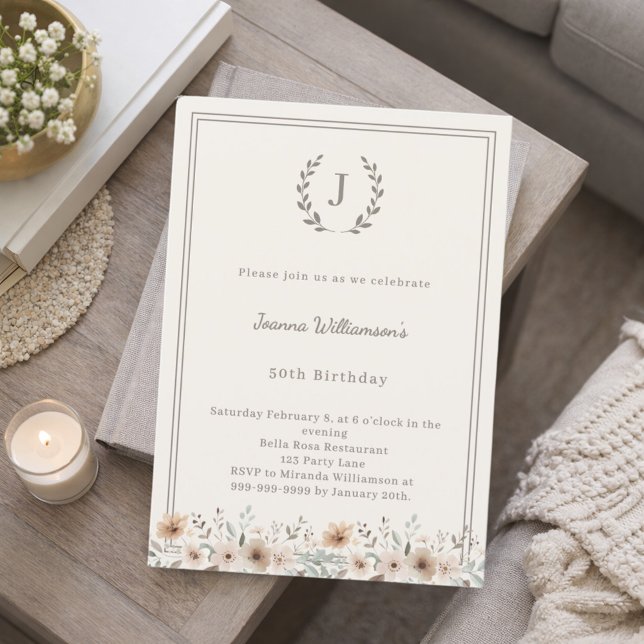 Ivory taupe monogram wreath florals birthday invitation (Creator Uploaded)