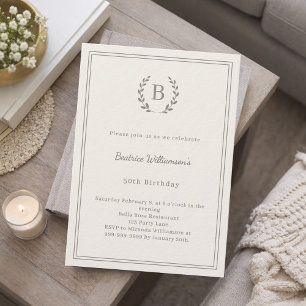 Ivory taupe monogram wreath luxury birthday invitation
