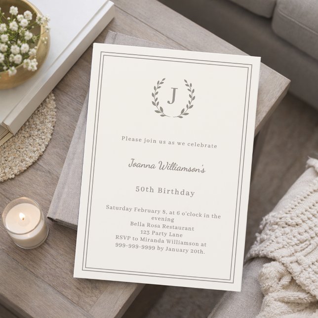 Ivory taupe monogram wreath minimalist birthday invitation (Creator Uploaded)