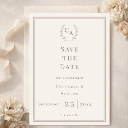 Ivory taupe monogram wreath wedding save the date