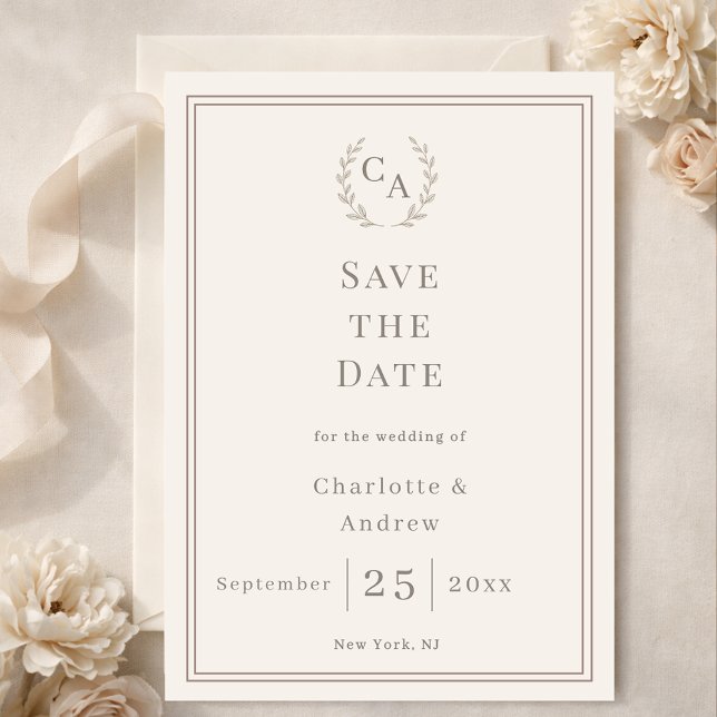 Ivory taupe monogram wreath wedding save the date (Creator Uploaded)
