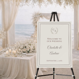 Ivory taupe monogrammed elegant wedding welcome foam board