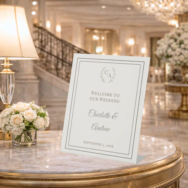 Ivory taupe monogrammed elegant wedding welcome pedestal sign | Zazzle