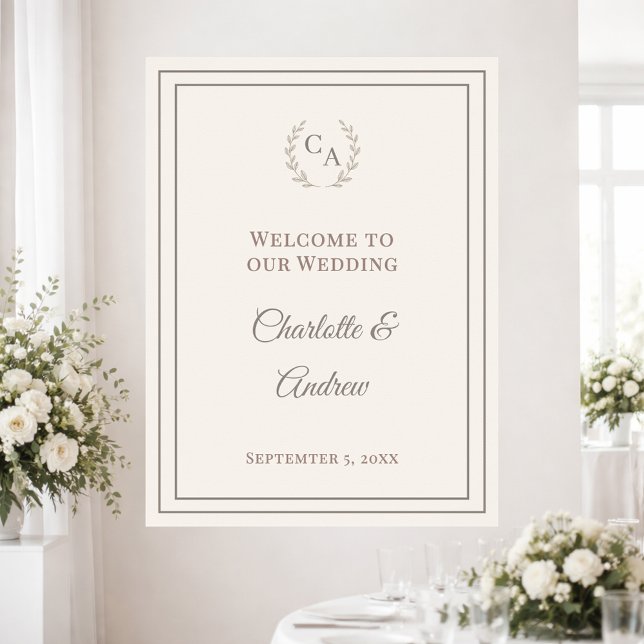 Ivory taupe monogrammed elegant wedding welcome poster (Creator Uploaded)