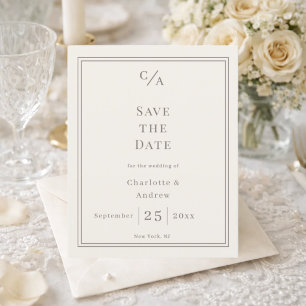 Ivory taupe monogrammed wedding Save the Date card