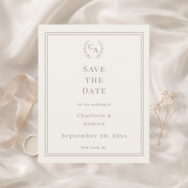 Ivory taupe monogrammed wedding Save the Date Card (Creator Uploaded)