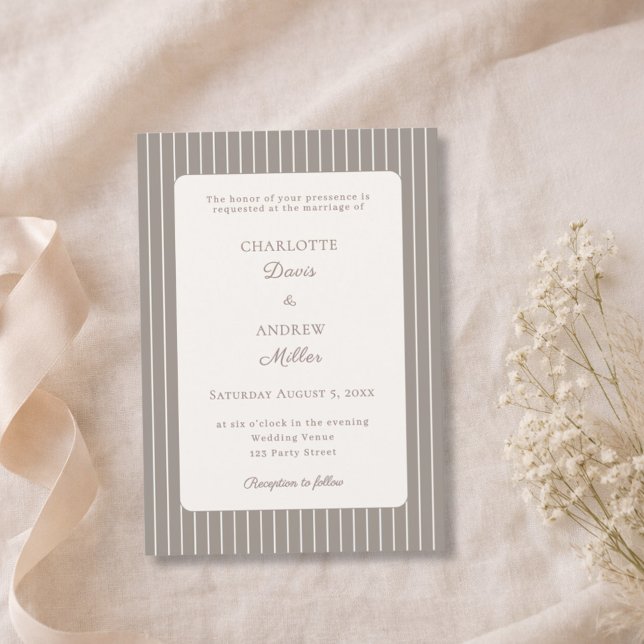 Ivory Taupe Neutral Pinstriped Wedding  Invitation (Creator Uploaded)