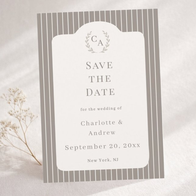 Ivory Taupe Neutral Pinstriped Wedding  Save The Date (Creator Uploaded)