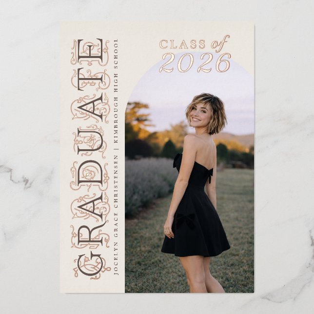 Ivory Taupe Photo Graduation Rose Gold Foil Invitation (Front)