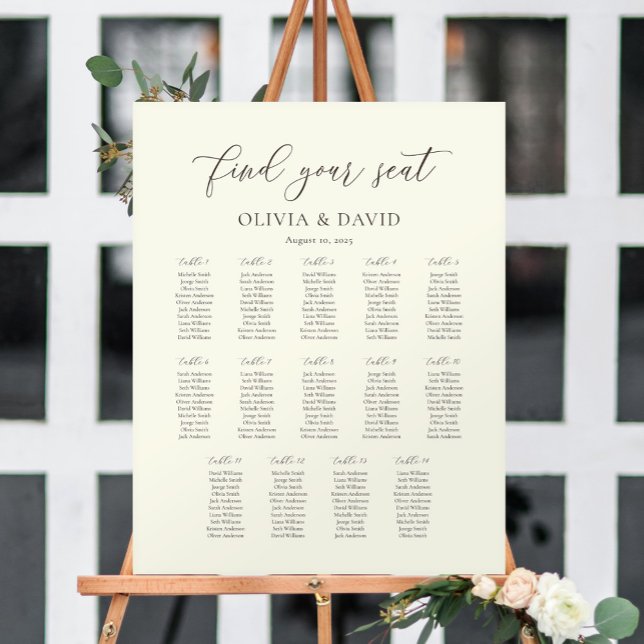 Ivory & Taupe Script 14 table Seating Chart Foam Board (Creator Uploaded)