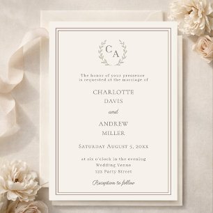 Ivory taupe wreath monogram luxury wedding invitation