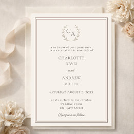 Ivory taupe wreath monogram luxury wedding  invitation