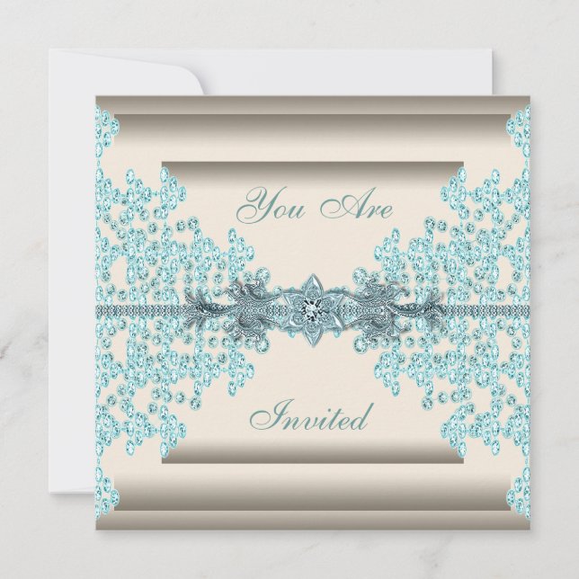 Ivory Teal Blue Diamond Black Tie Party Invitation (Front)