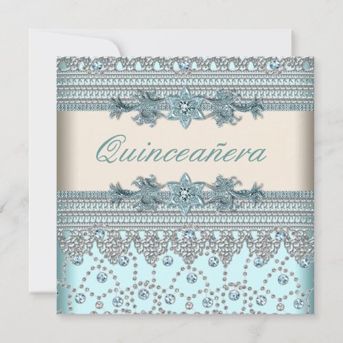 Ivory Teal Blue Quinceanera Invitation