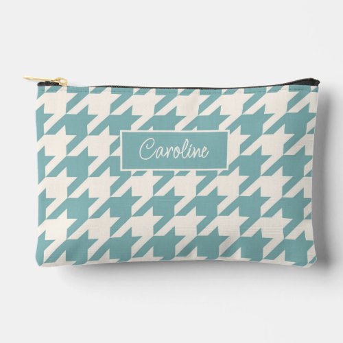 Ivory Teal Blue Seafoam Green Houndstooth Pattern Accessory Pouch