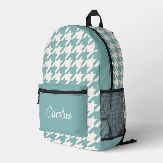 Ivory Teal Blue Seafoam Green Houndstooth Pattern Printed Backpack (Back Corner Right)