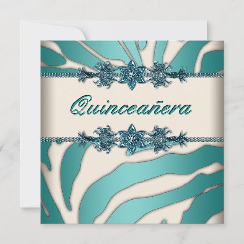 Ivory Teal Blue Zebra Quinceanera Invitation