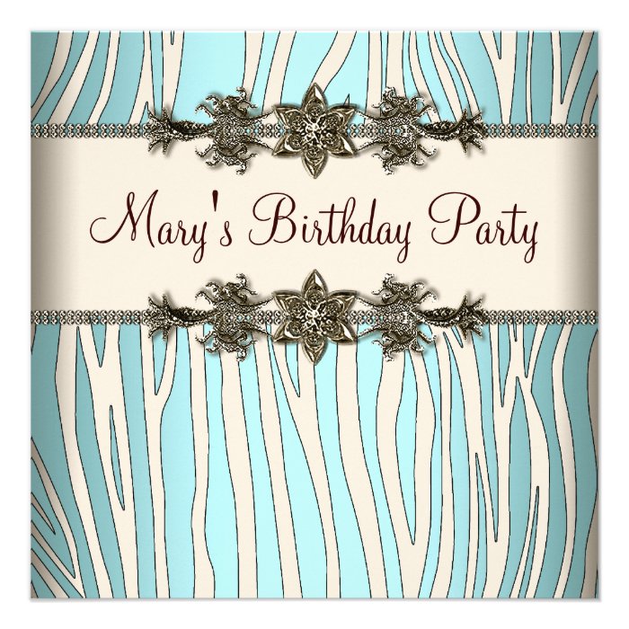 Ivory Teal Blue Zebra Womans Birthday Party Announcements