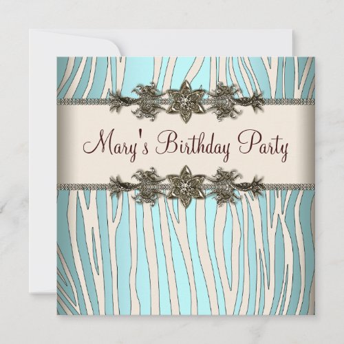 Ivory Teal Blue Zebra Womans Birthday Party Invitation