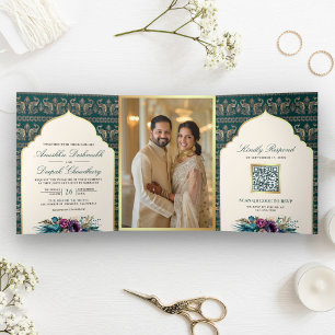 Ivory Teal Peacock Pattern Floral Indian Wedding Tri-Fold Invitation